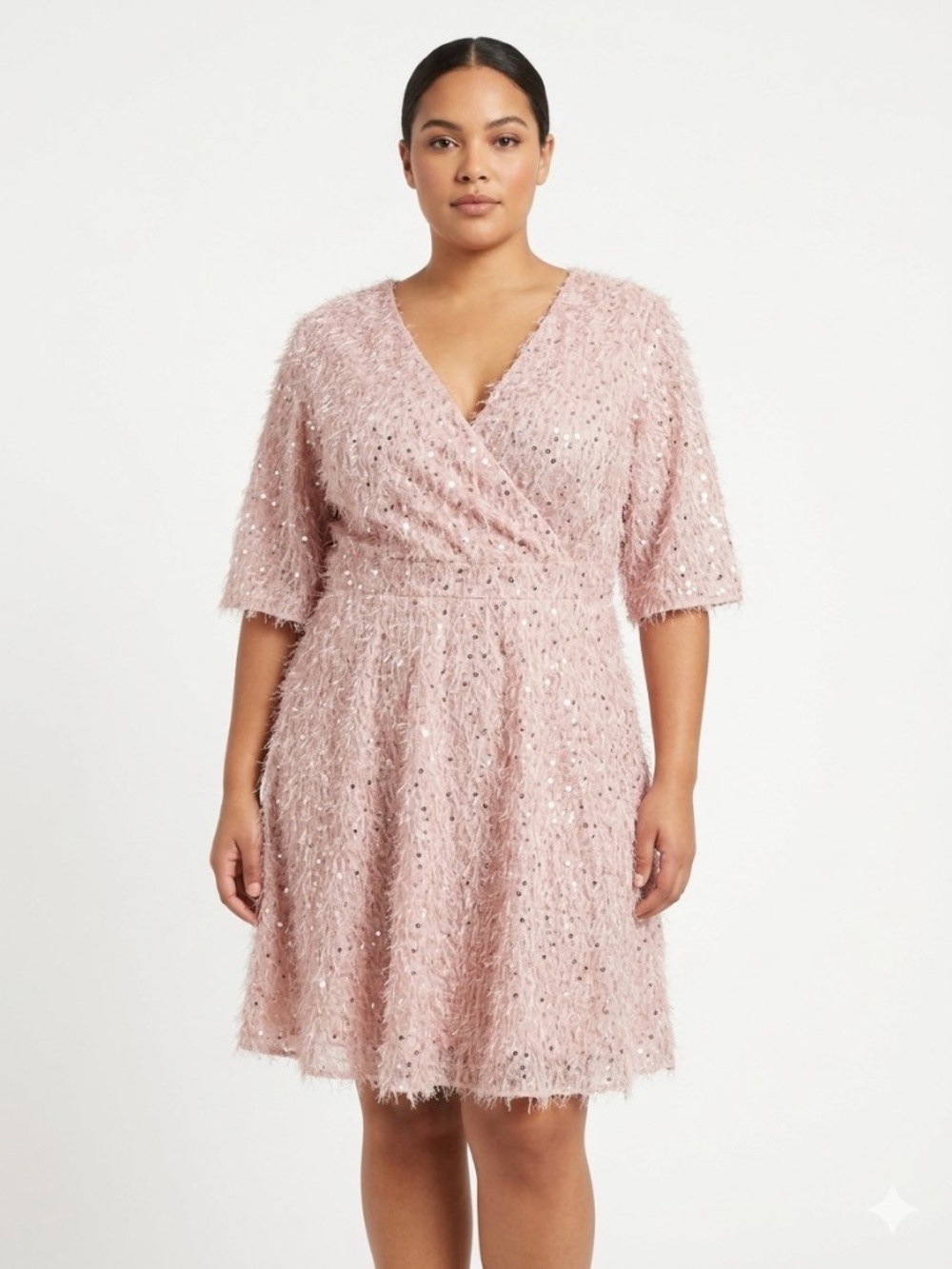 NWT Boohoo Plus Sequin Flared Sleeve Skater Dress Blush Pink Shaggy Knit 22 Prom